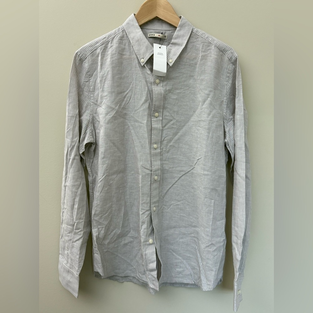 ONS Button Up Gray White Stripe Size Medium New with Tags Linen Blend